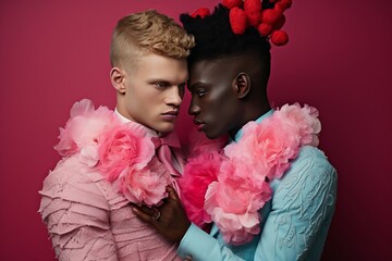 Portrait tendance de deux homosexuels déguisés pour la Saint-Valentin.