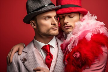 Deux hommes homosexuels habillés en rouge et portant un chapeau qui s'enlacent pour la Saint-Valentin.