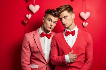 Couple d'hommes homosexuels en noeud paillon habillé en rose sur fond de cœurs, pour la Saint-Valentin, - obrazy, fototapety, plakaty
