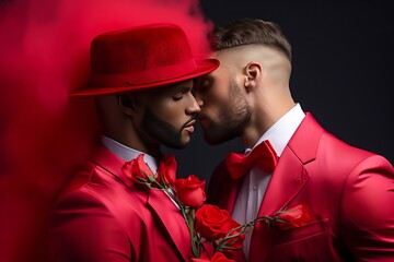 Couple homosexuel s'embrassant, habillé de rouge et d'un chapeau pour la Saint-Valentin.