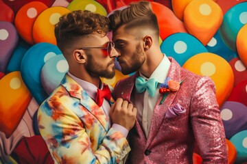 Portrait coloré d'un couple homosexuels, deux hommes en costume sur fond de graffiti pour la...