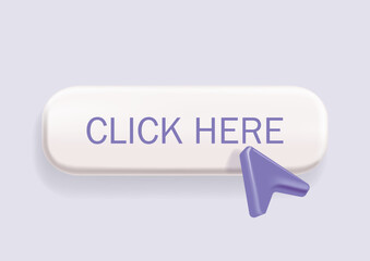 Click here icon 3d. A selection button to join or go to the site. Cursor, arrow for registration. Pointer to click, press, or send a request. The action is to touch, apply, further, learn more. Vector