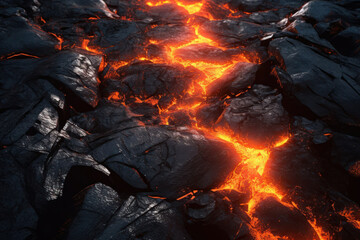 A lava ground. There are dark cooled areas and glowing hot cracks in between.