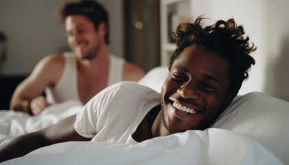 Two gay men lying in bed early in the morning, valentine's day concept