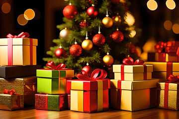 Colorful multicolored Christmas gift boxes. Merry Christmas and Happy New Year. AI generated  content