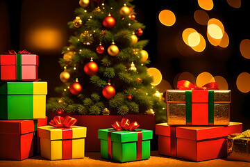 Colorful multicolored Christmas gift boxes. Merry Christmas and Happy New Year. AI generated  content