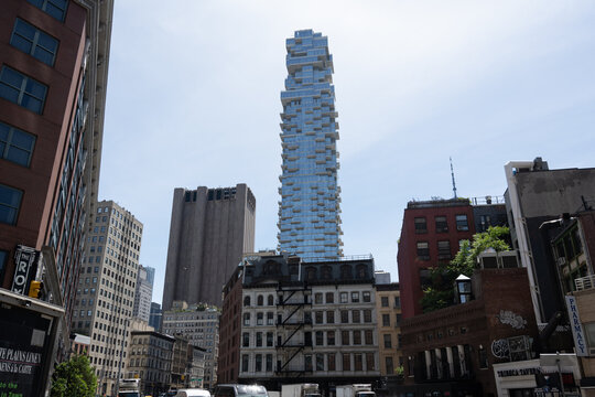 New York, NY, USA - June 8, 2022: The 56 Leonard Street skyscraper in Tribeca, designed by Herzog & de Meuron.