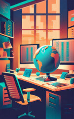 office background with globe and computers managed electronic commerce commerce conceptIllustration style, photo, poster