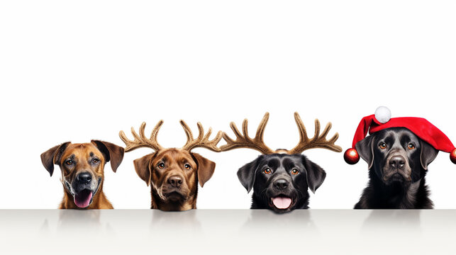 Group of four dogs celebrating christmas with a santa claus and reindeer antlers hat with a red ribbon. Isolated on white background.