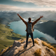 A person standing on a hill with arms outstretched in the air with mountains in the background and a body of water in the distance, a stock photo, regionalism - obrazy, fototapety, plakaty