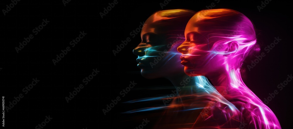 Wall mural head of person lit with colorful neon light and motion blur lines isolated on black background. Music festival, techno, tech business, electronic music banner.