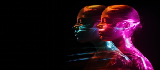 head of person lit with colorful neon light and motion blur lines isolated on black background. Music festival, techno, tech business, electronic music banner. - obrazy, fototapety, plakaty