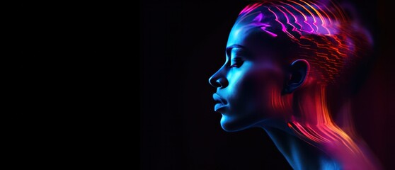 head of the diverse person lit with colorful neon light isolated on black background. Music festival, techno, tech business, electronic music banner. - obrazy, fototapety, plakaty
