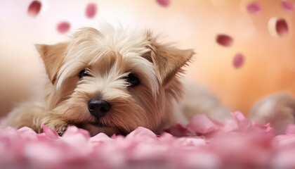 Little happy dog in flowers, valentine's day concept