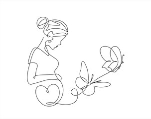 Continuous line drawing of a pregnant woman with butterfly. One line drawing of a pregnant woman. Pregnant belly with heart and butterfly. Minimalist contour illustration of a happy mother.