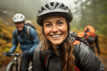 young woman in cycling gear smiling in the forest - Powered by Adobe