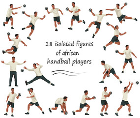 18 vector isolated figures of African handball players and keepers team jumping, running, standing in goal in white uniforms