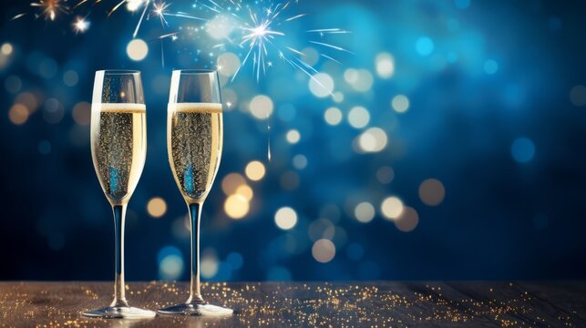 Two champagne glasses on a blue background with fireworks and copy space, Generative AI
