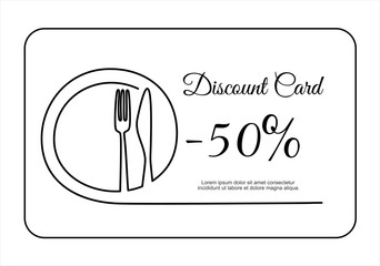Hand drawn one line vector.Discount card or voucher fast food restaurant or delivery service, template design with one continuous linear food and drinks composition