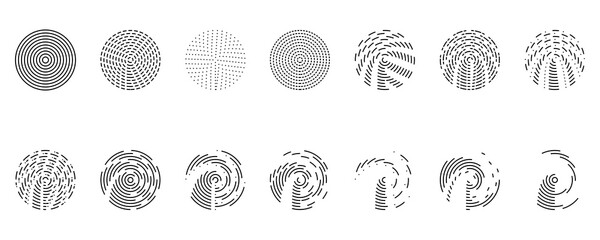 Set of line & dot circle shapes. Round line pattern. Abstract geometric circle. Vector circles on...