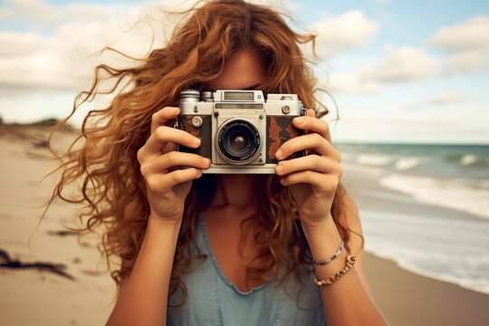 woman taking photo with camera