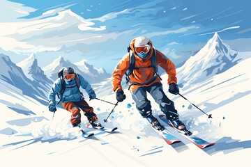Two advanced skiers slide the mountain downhill - obrazy, fototapety, plakaty
