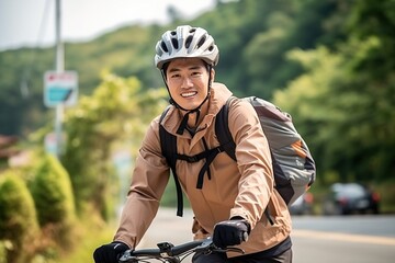 Asian cyclist tourist with backpack