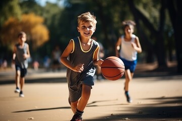 boys playing basketball outside - obrazy, fototapety, plakaty