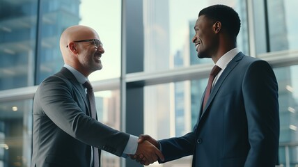 African and Caucasian businessmen in formal suits respect shake hands start negotiations. Common project growth sales increase, partnership, business etiquette, leadership, concept Ai.