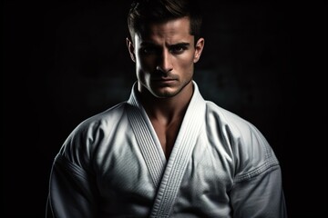 Obraz premium man in white kimono on black background