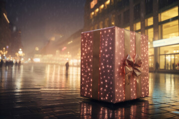 AI generated image. Huge giant gift box on a street of the Christmas illuminated and decorated city - 669052562