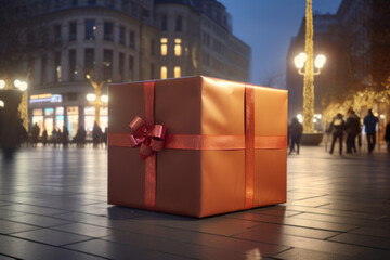 AI generated image. Huge giant gift box on a street of the Christmas illuminated and decorated city - 669052563