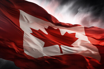 AI Generated Image. Stunning Canadian flag flowing with the wind against a dramatic moody sky - obrazy, fototapety, plakaty