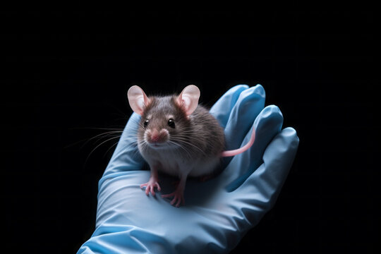 AI generated image. Hand of scientist in a rubber glove holding mouse for experiment
