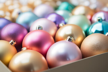 AI generative images. Christmas baubles in a cardboard box