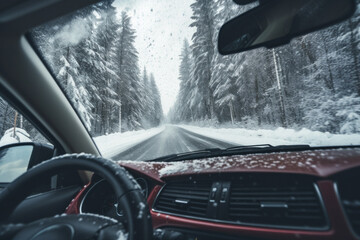 AI generative images. Car point of view to the country road in a winter forest under the snowfall