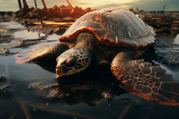 AI generative image. Turtle in toxic oil pollution. Environmental issues concept - 669052714