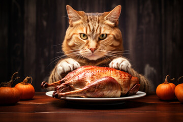 AI generative images. Cute cat sitting at the table and eating roasted turkey. Thanksgiving concept - obrazy, fototapety, plakaty