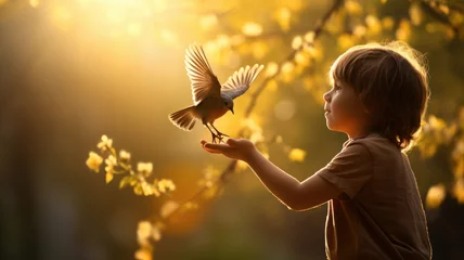 Zelfklevend Fotobehang child with bird on hands. trust concept © mimadeo