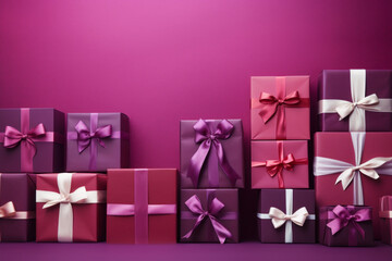 AI generative images. Purple Christmas giftboxes with ribbons and bows next to the magenta wall - 669052768