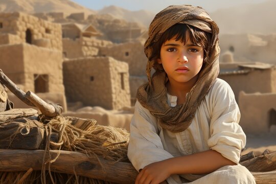 Curious Old arab village child boy. City home stone. Generate Ai