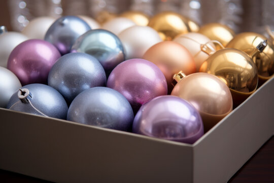 AI generative images. Christmas baubles in a cardboard box