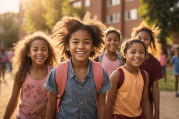Portrait Of Multi-Cultural Children Hanging Out With Friends at sunset, Diversity concept