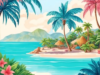 Cartoon beach and palms landscape. AI generated illustration
