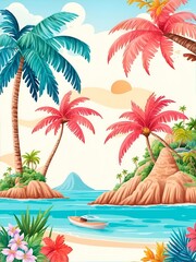 Fototapeta na wymiar Cartoon beach and palms landscape. AI generated illustration