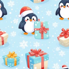 A seamless pattern with penguin in Christmas clothes and gifts