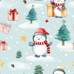 Cute Watercolor Snowman, Christmas tree and Gift Boxes Pattern