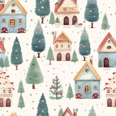 Photo of a watercolor seamless repeating pattern of houses and trees