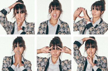 Collage, portrait and a woman with expression on a white background for comedy, fashion or funny....