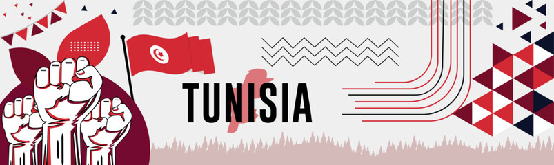TUNISIA national day banner with map, flag colors theme background and geometric abstract retro modern colorfull design with raised hands or fists.